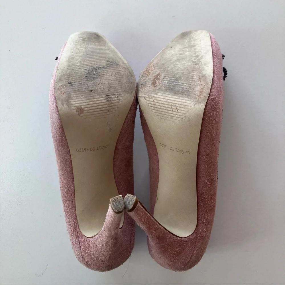 Guess Dusty Pink Suede Pumps Zipper Bow Chain Trim Stiletto Heels Women’s 6.5 - Picture 10 of 11